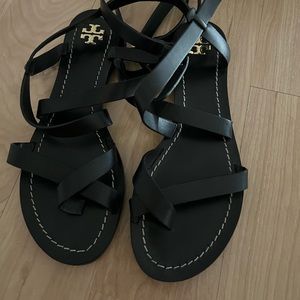 Tory Burch double wrap black leather ankle gladiator sandals Sz 8 NEW